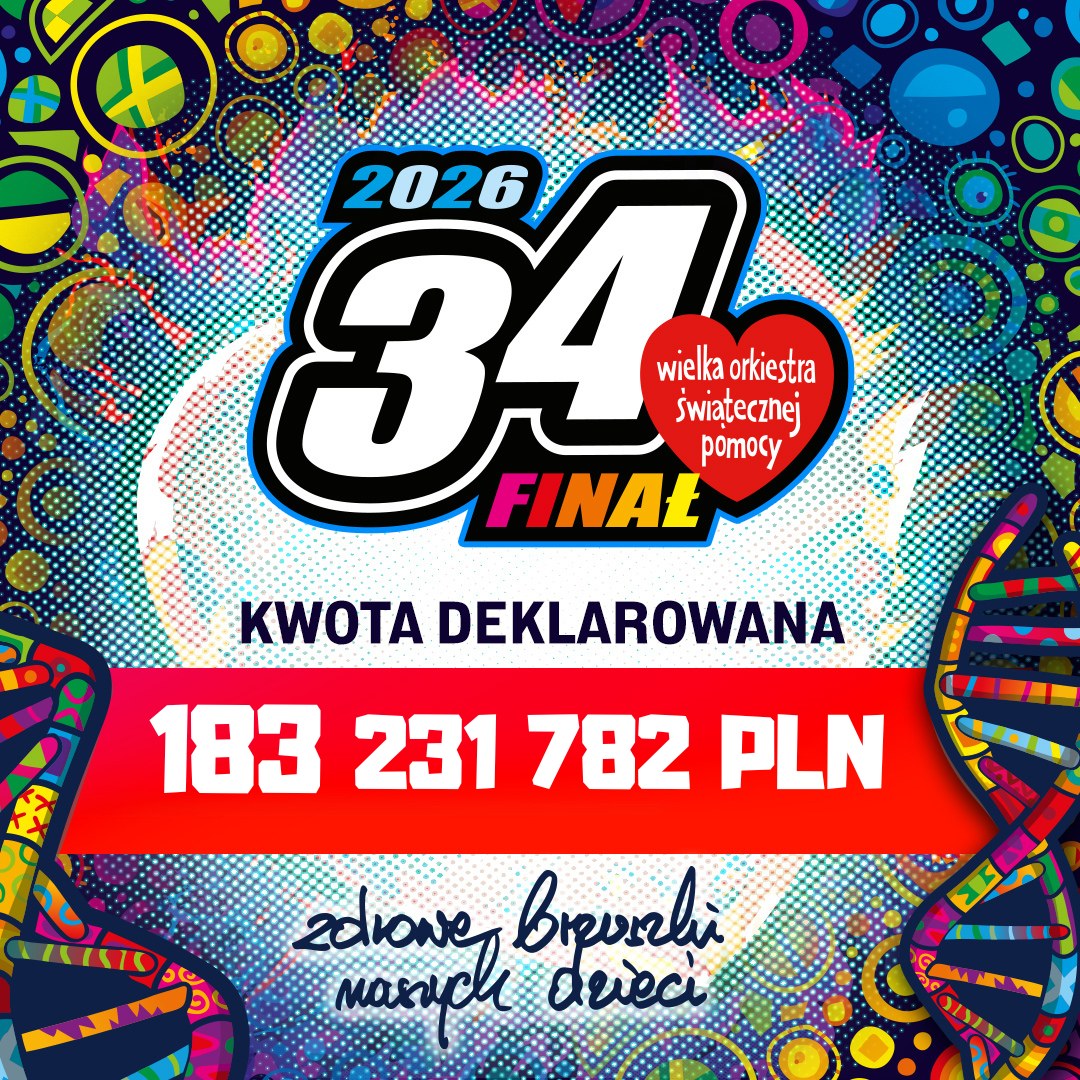 Plakat przedstawia finałową kwotę która zebrała Wielka Orkiestra Świątecznej pomocy jako kwotę zadeklarowaną na plakacie jest logo orkiestry, podana kwota deklarowana oraz podpis zdrowe brzuski naszych dzieci