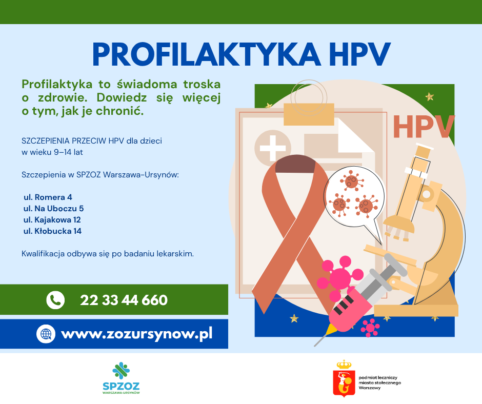 Grafika informacyjna dotycząca Powszechnego Programu Szczepień Ochronnych przeciw HPV dla dzieci w wieku 9–14 lat, realizowanego w ramach Narodowej Strategii Onkologicznej. Materiał informuje, że szczepienia są wykonywane w placówkach SPZOZ Warszawa-Ursynów przy ul. Romera 4, ul. Na Uboczu 5, ul. Kajakowej 12 oraz ul. Kłobuckiej 14. Podkreślono, że szczepienie jest zalecane i dobrowolne, a decyzję o jego wykonaniu podejmuje rodzic po kwalifikacji lekarskiej. Przedstawiono schemat szczepienia obejmujący dwie dawki, z drugą podawaną po 6–12 miesiącach od pierwszej. Wskazano również, że dzieci, które otrzymały pierwszą dawkę poza programem, mogą kontynuować szczepienie w jego ramach. Na grafice znajduje się numer telefonu do rejestracji: 22 33 44 666 oraz zachęta do rozmowy i zdobywania wiedzy na temat HPV