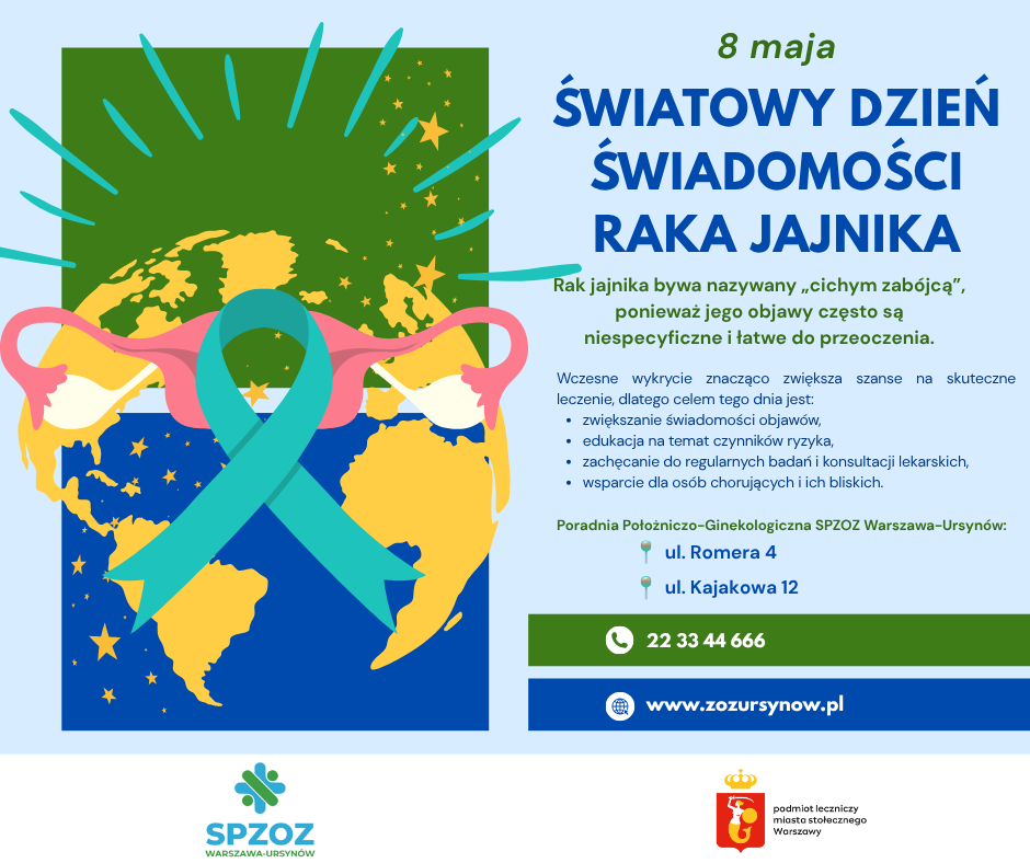 8 maja obchodzimy Światowy Dzień Świadomości Raka Jajnika 💙 To jeden z najtrudniejszych do wykrycia nowotworów – często rozwija się po cichu, dając niespecyficzne objawy. Dlatego tak ważna jest wiedza i czujność. Na jakie sygnały swojego ciała zwrócić uwagę: • wzdęcia i powiększony brzuch • ból w podbrzuszu lub miednicy • uczucie pełności po jedzeniu • częste oddawanie moczu Jeśli objawy utrzymują się dłużej – nie ignoruj ich, skonsultuj się z lekarzem. Świadomość ratuje życie. Udostępnij ten post i pomóż zwiększyć wiedzę o raku jajnika 💙 #WorldOvarianCancerDay #8maja #świadomość
