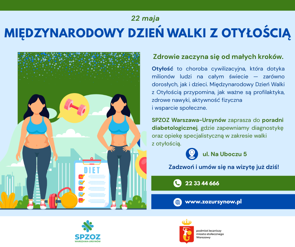 Grafika informacyjna z okazji Międzynarodowego Dnia Walki z Otyłością. Na grafice znajdują się hasła promujące zdrowy styl życia: świadome odżywianie, codzienna aktywność fizyczna, dbanie o zdrowie psychiczne i fizyczne oraz wspieranie innych bez oceniania. Treść podkreśla, że otyłość jest chorobą wpływającą na zdrowie i jakość życia milionów osób. SPZOZ Warszawa-Ursynów informuje o możliwości skorzystania z poradni diabetologicznej, oferującej diagnostykę i opiekę specjalistyczną w zakresie leczenia i profilaktyki otyłości. Podano adres: ul. Na Uboczu 5 oraz numer rejestracji: 22 33 44 666. Grafika zachęca do budowania zdrowych nawyków i zwiększania świadomości na temat otyłości.