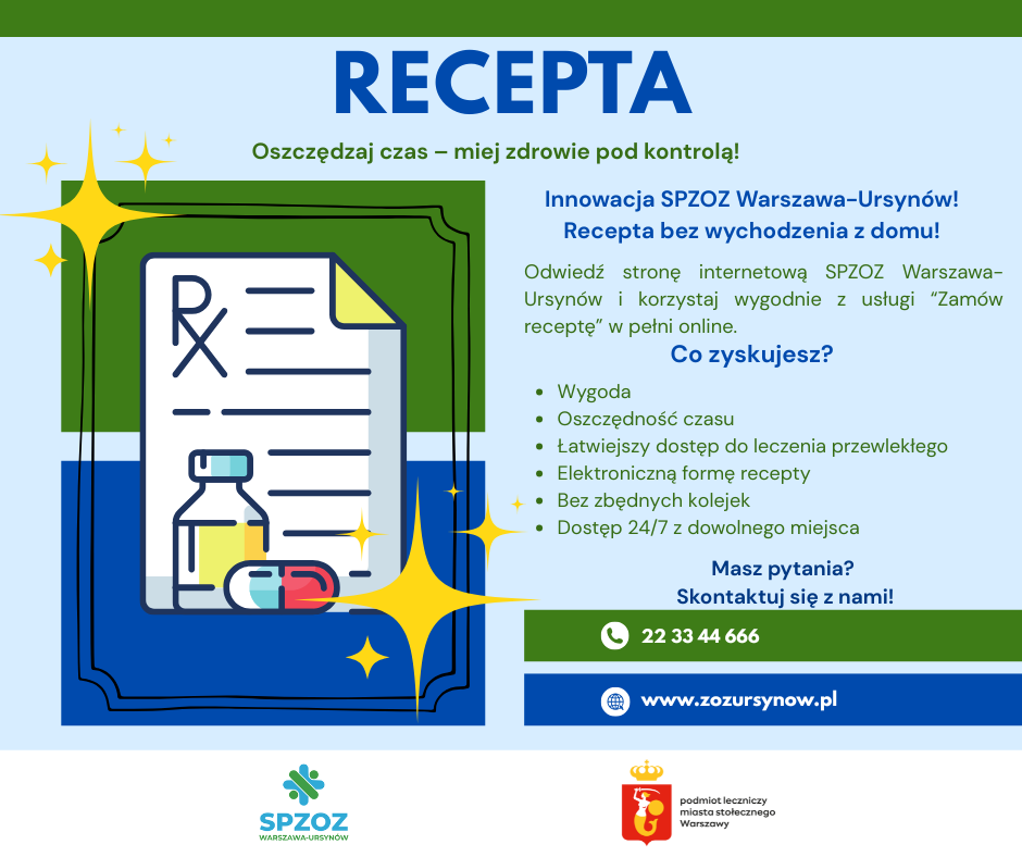 Grafika informacyjna zachęcająca do korzystania z możliwości składania wniosków o e-receptę online. Na grafice podkreślono, że pacjenci przyjmujący leki na stałe mogą w wygodny sposób złożyć wniosek przez stronę internetową SPZOZ Warszawa-Ursynów, bez konieczności osobistej wizyty w przychodni. Wymieniono korzyści usługi, takie jak oszczędność czasu, wygoda, łatwiejszy dostęp do kontynuacji leczenia przewlekłego, elektroniczna forma recepty dostępna przez SMS, e-mail lub Internetowe Konto Pacjenta oraz ograniczenie ryzyka błędów związanych z odręcznym wypisywaniem recept. Grafika zawiera adres strony internetowej SPZOZ Warszawa-Ursynów, pod którym można złożyć wniosek, oraz numer telefonu do kontaktu: 22 33 44 666. Całość promuje nowoczesne i dostępne rozwiązania ułatwiające pacjentom korzystanie z opieki zdrowotnej. 🕒💊💻