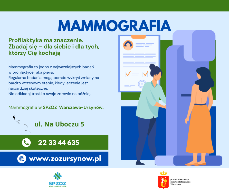 Plakat przedstawia informacje na temat badania mammografii