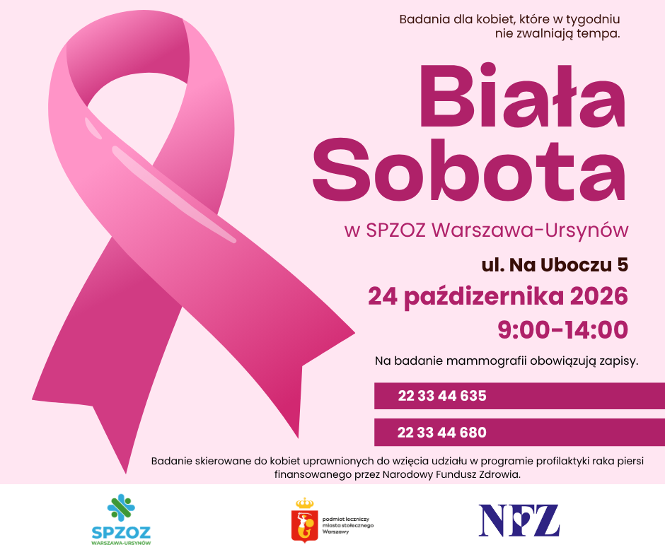 Plakat informacyjny o Białej Sobocie gdzie pacjentki mogą bezpłatnie wykonać badanie mammografii